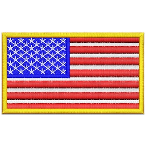 May include: A rectangular embroidered patch with a yellow border and a red, white, and blue American flag design.