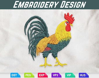 May include: An embroidered design of a rooster with a red comb, yellow head and legs, and a teal tail. The text "EMBROIDERY DESIGN" is at the top. Below are file format options: DST, PES, EXP, VP3, VIP, and HUS.