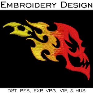 May include: Embroidery design of a red and yellow flame skull. The design is on a black background. DST, PES, EXP, VP3, VIP, & HUS.