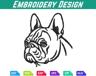 Bulldogge Stickdatei, Französische Bulldogge | Frenchie Kopf Stickvorlage
