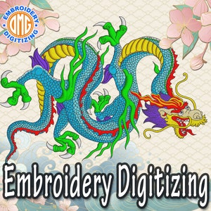 Puede incluir: Un dise&ntilde;o bordado colorido de un drag&oacute;n azul, verde, amarillo y rojo con una cabeza morada. El drag&oacute;n est&aacute; enroscado con su cola en su boca. El fondo es beige claro con un patr&oacute;n de olas y flores. El texto "Embroidery Digitizing" est&aacute; debajo del drag&oacute;n.