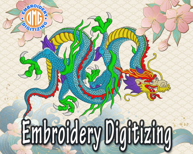 Puede incluir: Un dise&ntilde;o bordado colorido de un drag&oacute;n azul, verde, amarillo y rojo con una cabeza morada. El drag&oacute;n est&aacute; enroscado con su cola en su boca. El fondo es beige claro con un patr&oacute;n de olas y flores. El texto "Embroidery Digitizing" est&aacute; debajo del drag&oacute;n.