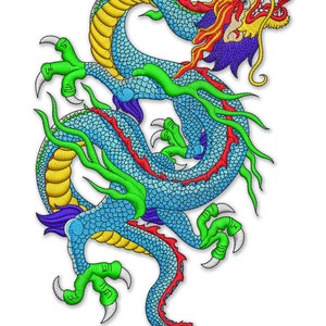 May include: A blue, green, yellow, and red embroidered dragon with a curled tail and sharp claws.