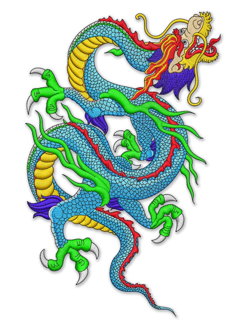 May include: A blue, green, yellow, and red embroidered dragon with a curled tail and sharp claws.