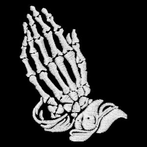 May include: White embroidered skeleton hands in a praying pose against a black backdrop. The detailed embroidery creates a textured effect, highlighting the skeletal structure. Suitable for gothic or Halloween-themed designs.