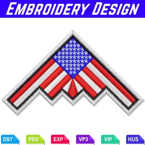 May include: An embroidery design of a stealth bomber aircraft shape filled with the American flag pattern, featuring red and white stripes and a blue field with white stars. The design is outlined in white and black thread borders.