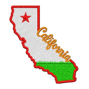 May include: Embroidered patch in the shape of California, featuring a red outline, a red star, and the word "California" in gold script. The bottom section is green, resembling grass.