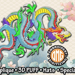 May include: A blue, green, yellow, and red embroidered dragon design. The design is on a white background with a blue and white wave pattern. The text "Embroidery DMG Digitizing" is in a circle below the dragon. The text "Applique - 3D PUFF - Hats - Specialty" is below the circle.