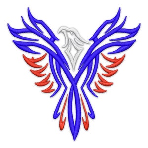 May include: A stylized blue and red eagle with white accents. The eagle's wings are spread wide and its head is facing forward. The eagle is a symbol of freedom and strength.