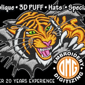 May include: A 3D embroidered patch of a tiger's face with a snarling expression. The tiger is orange and black with white stripes. The tiger's paw is reaching out from the background. The patch is surrounded by a black background with the text "Applique • 3D PUFF • Hats • Specialty" at the top and "OVER 20 YEARS EXPERIENCE" at the bottom. The text "EMBROIDERY • OMG • DIGITIZING" is in a circle in the lower right corner.
