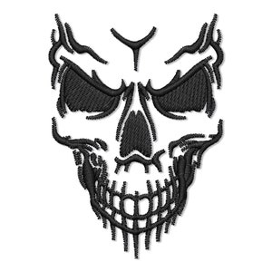 Könnte beinhalten: Schwarzes und weißes gesticktes Totenkopfdesign. Der Totenkopf hat ein detailliertes Design mit einer prominenten Nase und Zähnen.