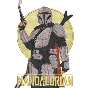 May include: A gray and black Mandalorian character with a helmet and a blaster in his hand. The character is standing in front of a yellow circle with the text "THE MANDALORIAN" in gold letters below.