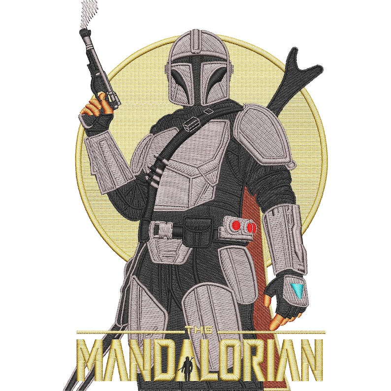 May include: A gray and black Mandalorian character with a helmet and a blaster in his hand. The character is standing in front of a yellow circle with the text "THE MANDALORIAN" in gold letters below.