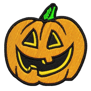 May include: A smiling orange jack-o'-lantern with a black outline and green stem. The pumpkin has a wide grin with yellow teeth and black eyes.