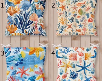 Coastal Chair Cushions with Ties, Starfish & Shell Seat Pads
