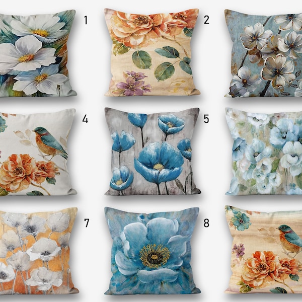 Floral Pillow Case, Floral Birds Pillow Cover, Floral Spring Pillow Case, Pastel Color Floral Cushion Cover, Bird Cushion Case