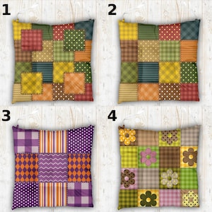 May include: Four square throw pillows with patchwork designs. Pillows feature various patterns, including polka dots, plaid, and floral appliqués. Colors include shades of green, orange, purple, and brown. Each pillow has a different design.