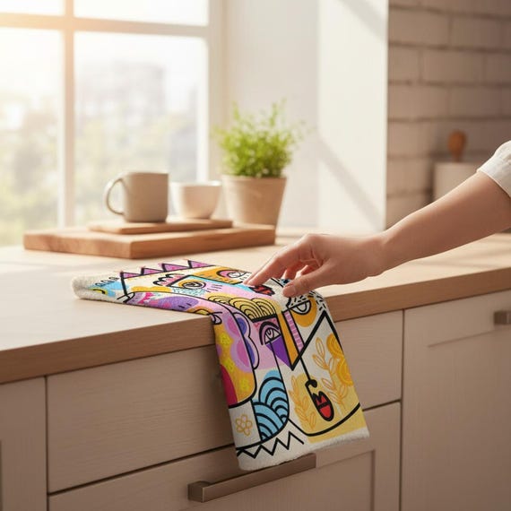 Moderne abstrakte Geschirrtücher, abstrakte Gesichtslinien Geschirrtuch, moderne Kunst bedruckte Handtücher, modernes abstraktes Handtuch, moderne Kunst Küchenhandtücher