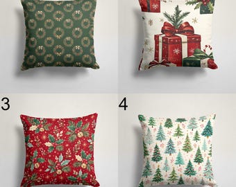 Christmas Wreath Pillow Cover, Green Holiday Cushion Covers, Traditional Xmas Throw Pillows