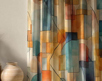 Retro Boho Curtains, Mid Century Style Curtain, 70s Retro Window Curtains, Geometric Abstract Curtains, Mid Century Abstract Printed Curtain