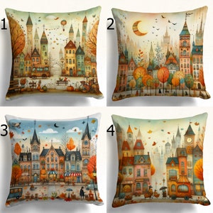 Funda de almohada de otoño, funda de almohada decorativa de otoño, bonita funda de cojín con estampado vintage de otoño, funda de almohada de otoño, funda de almohada de otoño en ciudades antiguas