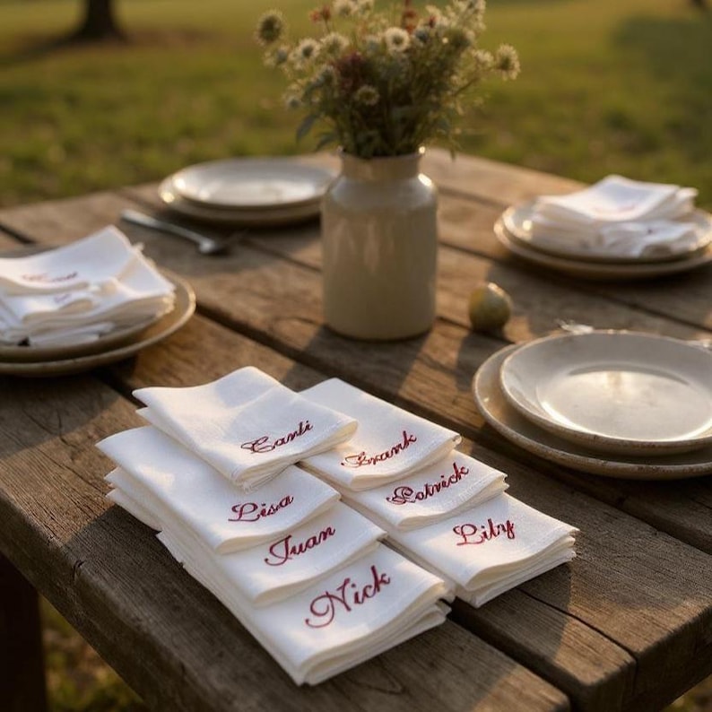 Embroidered Name Linen Dinner Napkins, Embroidered Napkin With Name, Wedding Monogrammed Napkins, Wedding Napkins, Personalized Napkins image 5