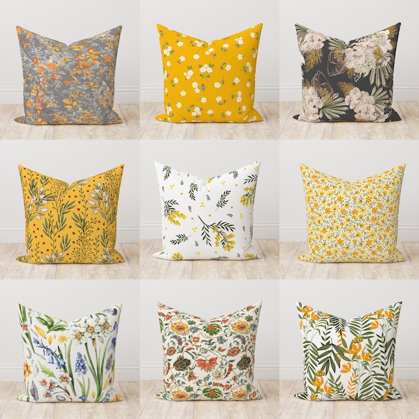 Flowers Throw Pillow Cover, Farmhouse Floral Boho Pillow Covers, Floral Pillow Cover, Yellow Floral Cushion Cover