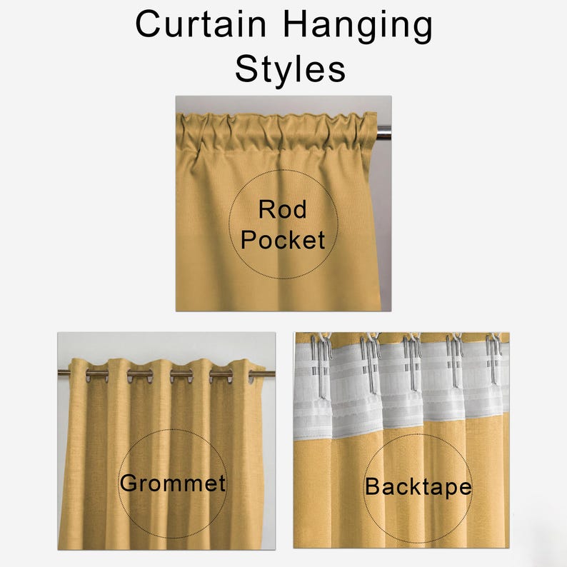 three different curtain hanging styles: a rod pocket, a grommet, and a backing tape.