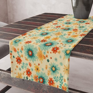 70s Flowers Table Runners, Retro Mid Century Modern Floral Table Runner, Retro Party Table Decor, Retro Floral Table Runner