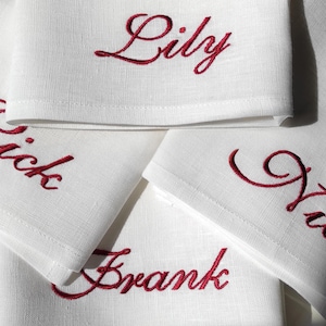 Add a touch of elegance to your table with these personalized linen napkins, beautifully embroidered with custom names. Perfect for weddings, special dinners, and formal gatherings, they bring charm and sophistication to any setting. Made from high-quality linen, they make a thoughtful wedding or housewarming gift. Choose your name and thread color for a unique, timeless look!