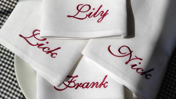 Embroidered Name Linen Dinner Napkins, Embroidered Napkin With Name, Wedding Monogrammed Napkins, Wedding Napkins, Personalized Napkins