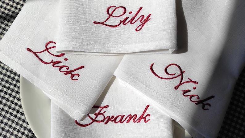 Add a touch of elegance to your table with these personalized linen napkins, beautifully embroidered with custom names. Perfect for weddings, special dinners, and formal gatherings, they bring charm and sophistication to any setting. Made from high-quality linen, they make a thoughtful wedding or housewarming gift. Choose your name and thread color for a unique, timeless look!