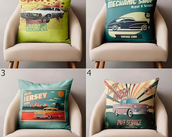 Retro Vintage Cars Throw Pillow Cover, Classic Car Stylized Pillowcase, Retro Classic Automobile Pillow Cover, Classic Car Cushion Covers