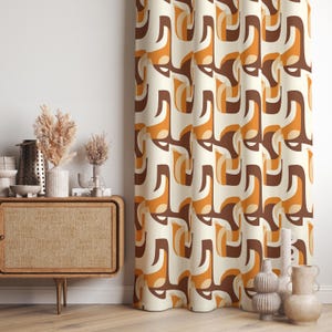 Retro Geometric Curtains, 70s Orange Pattern Drapes, Mid Century Modern Curtain Panel, MCM Window Treatment, Vintage Grommet Drapes