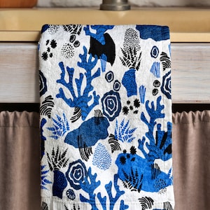Coral Pattern Tea Towel, Ocean Themed Hand Towel, Deep Sea Dish Towel, Nautical Tea Towel, Kitchen Tea Towel, Coastal Kitchen Towel
