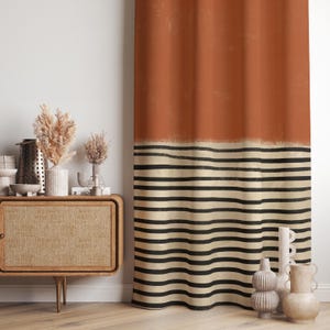 Terracotta Striped Curtain Panel, Modern Rustic Boho Window Drapes, Earth Tone Farmhouse Decor Curtain, Mid Century Modern Panel