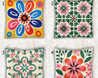 カラフルなレトロ調チェアクッション（紐付き）、花柄、ボヘミアン風キッチンダイニングシートパッド