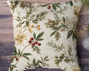 Christmas Berry Cushion Cover, Xmas Red Berries and Leaves Pillow Cover, Winter Holly Red Berry Flowers Pillow Cover,  Christmas Home Decor