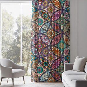 Boho Patchwork Mandala Curtains, Colorful Floral Bohemian Drapes, Eclectic Geometric Window Panels