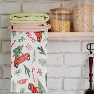 Merry Christmas Cute Tree Towel, Holly Hand Towel, Cute Christmas Tea Towels, Xmas Pine Trees Snowflakes Dish Towel, Christmas Kitchen Towel