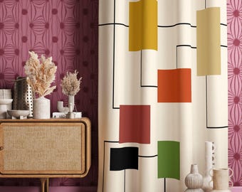Tende Geometriche Spice Orange Retro Vector - 2 Pannelli 117x183 Cm, 100% Cotone, Occhielli, Design Anni '50-'60