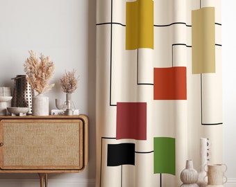 Modern Minimalist Curtains, Geometric Curtain, Retro Printed Curtains, Colorful Cubic Pattern Panel Drapes, Mid Century Modern Curtains