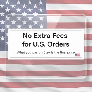 a clear glass with a message stating "No Extra Fees for U.S. Orders" and a small American flag in the bottom right corner.