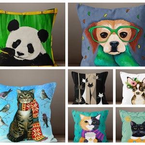 Cute Animal Print Pillow, Animals Pillow Case, Dog Pillow Cover, Colorful Animal Home Decor, Cute Cats Pillowcase, Panda Pillow Case