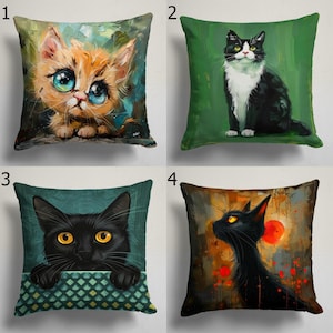 Cojines con arte de gatos realistas, fundas de cojín con gatos caprichosos, fundas de almohada decorativas de gatos negros, fundas de almohada con arte de inspiración felina