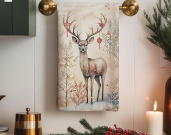 Christmas Reindeer Tea Towel, Xmas Holiday Cute Kitchen Towels