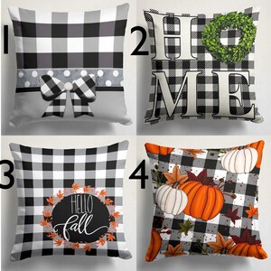 Buffalo Plaid Autumn Pillow Cover, Hello Fall Cushion Cover, Black White Autumn Home Decor, Decorative Pumpkin Themed Pillowcases