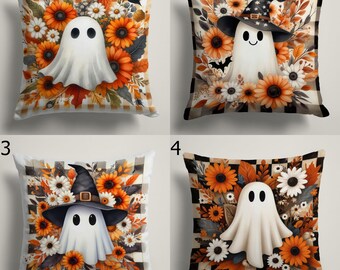 Halloween Ghost Sunflower Pillow Cover, Fall Farmhouse Decor