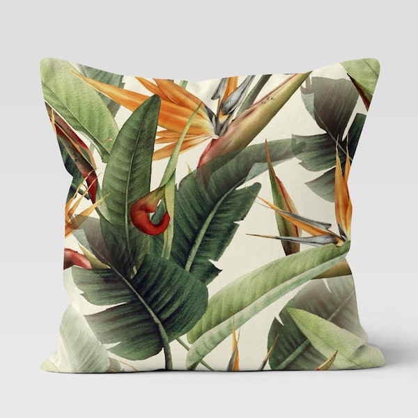 Bird of Paradise Flower Pillowcase, Tropical Leaves Pillow Cover, Floral Cushion Cover, Giant Leaves Cushion Cover, Green Botanical Pillow