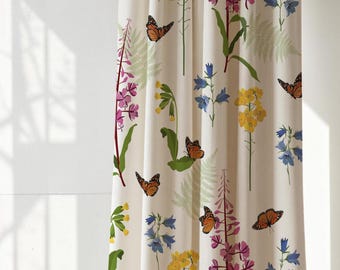 Wildflowers Window Curtain Panel, Spring Floral Butterfly Drapes